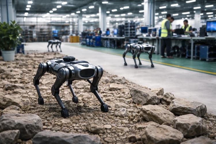 Ilustrasi pabrik robotika di Shenzhen dengan robot anjing Unitree sedang diuji di lintasan berbatu dan jalan beton