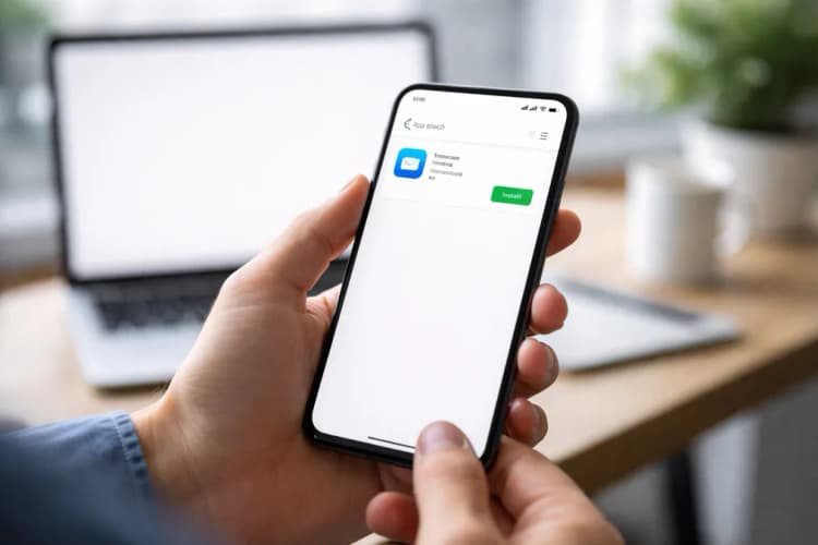 Ilustrasi layar ponsel Android menampilkan hasil pencarian 'Aptoide' di Google Play Store AS, dengan ikon biru dan tombol instal berwarna hijau