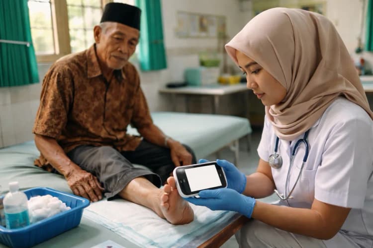 Ilustrasi klinis di puskesmas pedesaan dengan perawat sedang memeriksa kaki pasien diabetes menggunakan alat portabel berlayar sentuh
