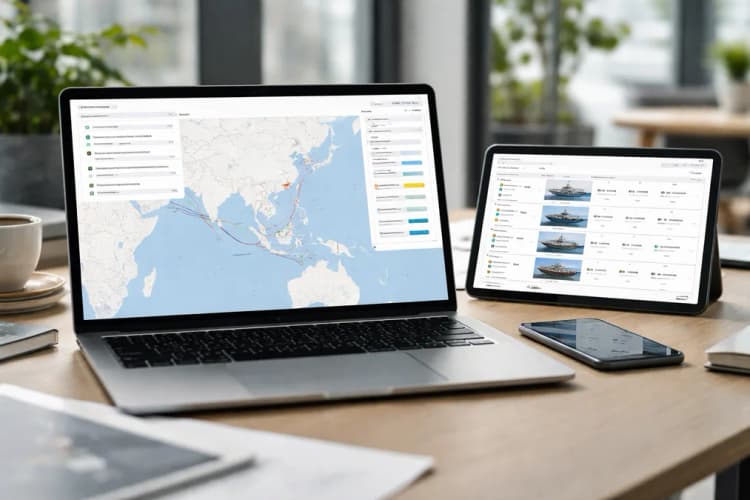 Ilustrasi antarmuka ShipLinker menampilkan peta rute kapal, status verifikasi dokumen, dan panel perbandingan tarif charter real-time