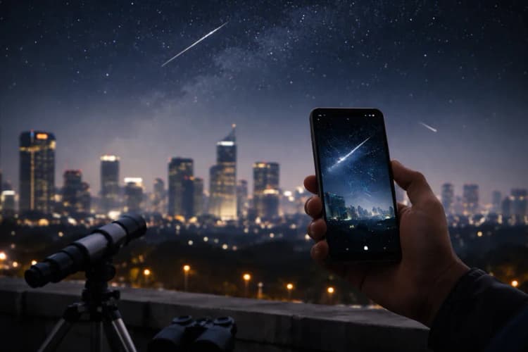 Ilustrasi kolaboratif: layar ponsel menampilkan aplikasi pengamatan langit dengan garis lintasan meteor, latar belakang langit gelap Jakarta dengan siluet gedung pencakar langit dan lampu jalan redup