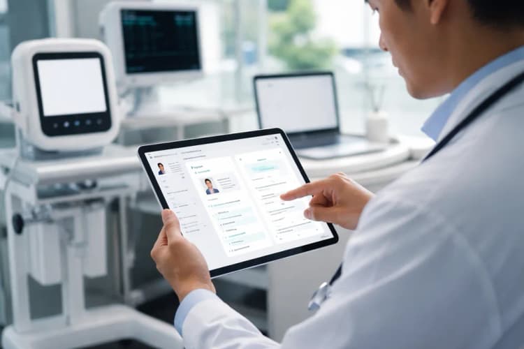 Ilustrasi antarmuka aplikasi dokter berbasis AI dengan tampilan dashboard klinis, grafik pasien, dan notifikasi diagnosis otomatis