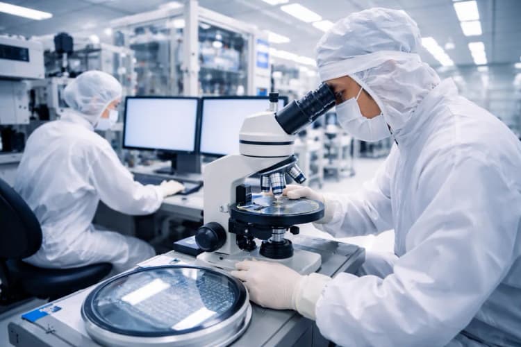 Ilustrasi laboratorium chip di Singapura dengan insinyur mengamati layar monitor berisi simulasi proses etching plasma dan sampel wafer silikon di bawah mikroskop elektron