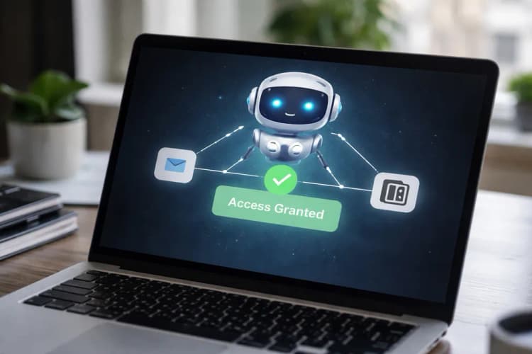 Ilustrasi antarmuka Grok Bot dengan ikon akun Gmail, Notion, dan QuickBooks yang sedang terhubung, disertai notifikasi 'Access Granted' berwarna hijau