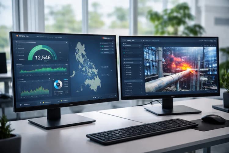Ilustrasi dua layar monitor berdampingan: satu menampilkan dashboard Verdye dengan grafik emisi real-time di latar belakang peta Filipina, satunya menunjukkan antarmuka IC-Flow V2 dengan visualisasi kebocoran gas berwarna merah di pipa pabrik kimia Malaysia