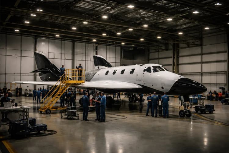 Ilustrasi hanggar Virgin Galactic di Spaceport America dengan pesawat Delta Class berwarna putih-hitam sedang diperiksa teknisi di bawah lampu sorot