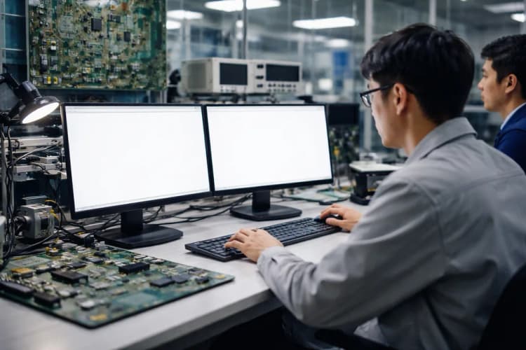 Ilustrasi laboratorium desain chip DeepX di Seoul dengan engineer memantau simulasi RTL di layar ganda, sirkuit cetak PCB di latar belakang