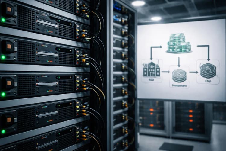 Ilustrasi ruang server dengan rak-rak GPU AMD Instinct dan diagram alur investasi utang ke pengembangan chip AI