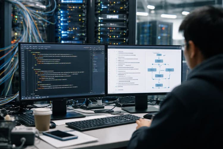Ilustrasi laboratorium AI dengan server dan kabel fiber optik, serta layar monitor menampilkan perbandingan dua blok kode — satu dengan komentar berbahasa Indonesia, satu lagi dengan diagram alur proses debugging