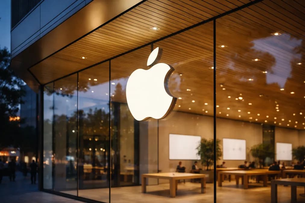Apple logo on glass facade: Apple dan Alibaba Kolaborasi AI di Tengah Tekanan Regulasi China