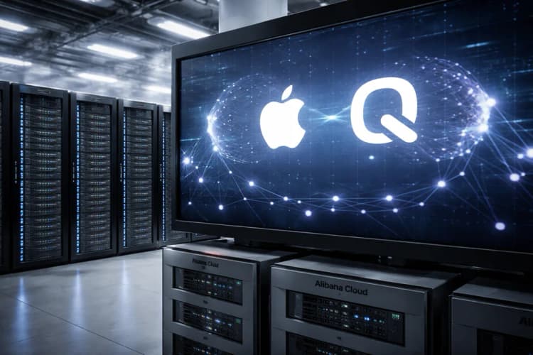 Ilustrasi server Alibaba Cloud di pusat data Hangzhou dengan logo Apple dan Qwen terintegrasi di antarmuka pelatihan model