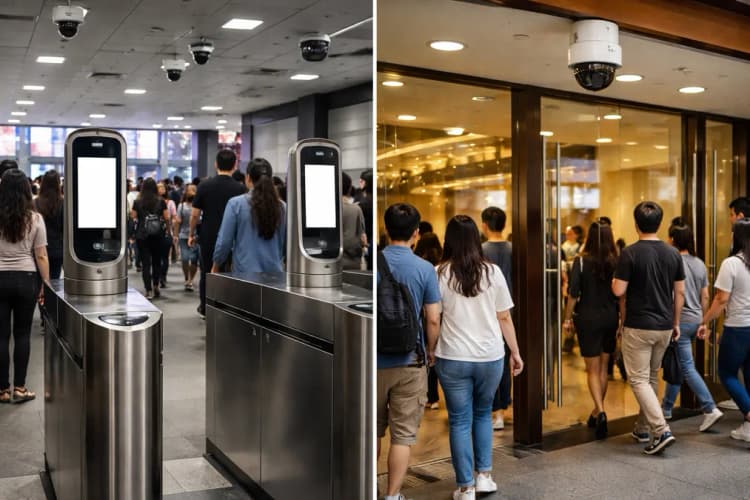 Ilustrasi perbandingan dua gerbang masuk: kiri gerbang MSG dengan kamera berlogo 'Face Scan Active', kanan gerbang mal di Jakarta dengan stiker 'CCTV Beroperasi' tanpa keterangan teknologi biometrik