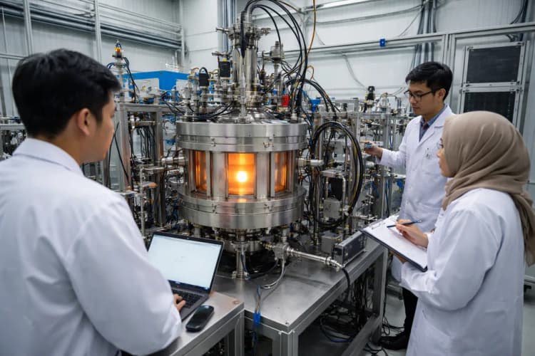 Ilustrasi tokamak kecil NRE-1 di laboratorium BRIN Yogyakarta dengan staf peneliti berbaju lab putih
