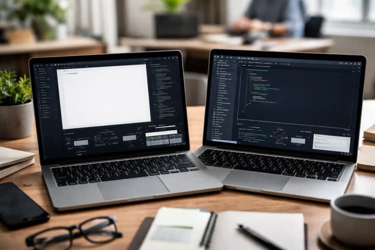Ilustrasi perbandingan antarmuka Cursor vs VS Code dengan anotasi teknis tentang arsitektur editor berbasis LLM