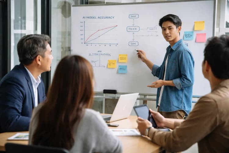 Ilustrasi ruang rapat startup dengan whiteboard berisi grafik akurasi model, diagram integrasi API, dan sticky note bertuliskan 'trust engineer', 'ROAI', dan 'latency vs accuracy trade-off'