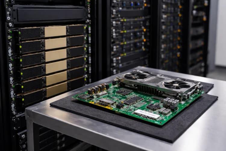 Ilustrasi perbandingan server rack Nvidia H100 dan prototipe board accelerator buatan startup Indonesia dengan label 'Made in Bandung'