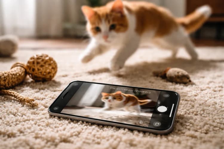 Ilustrasi smartphone di atas karpet dengan kucing sedang melompat, layar menunjukkan preview foto kabur dan notifikasi 'Focus Locked' yang tertunda