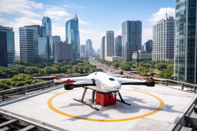 Ilustrasi drone Zipline generasi ketiga sedang mendarat di rooftop gedung perkantoran di kawasan SCBD, Jakarta, dengan latar belakang langit biru dan awan tipis