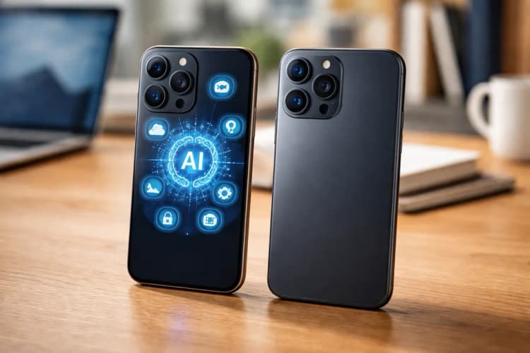 Ilustrasi perbandingan antara iPhone 15 Pro dan iPhone 14 Pro dengan overlay ikon fitur AI yang aktif hanya di model 2023