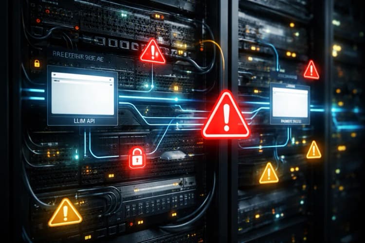 Ilustrasi server rack dengan overlay visualisasi aliran data antara API LLM dan sistem pembayaran real-time, disertai ikon peringatan keamanan berwarna merah dan kuning