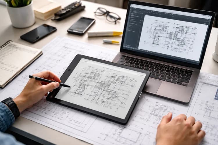 Ilustrasi meja kerja kampus dengan notebook digital Boox Note Air 3 terbuka di atas dokumen teknik berformat A3, stylus berada di tangan mahasiswa, dan laptop Windows di samping menampilkan jendela AutoCAD dengan layer 'hand-sketch' aktif