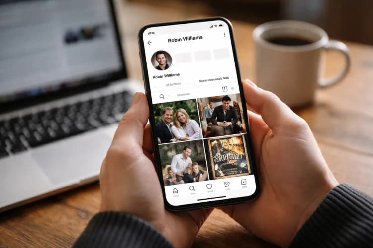 Ilustrasi layar ponsel menampilkan akun Instagram Robin Williams dengan tiga unggahan terbaru: foto keluarga tahun 1995, cuplikan film 'Dead Poets Society', dan poster teater Broadway 1980-an