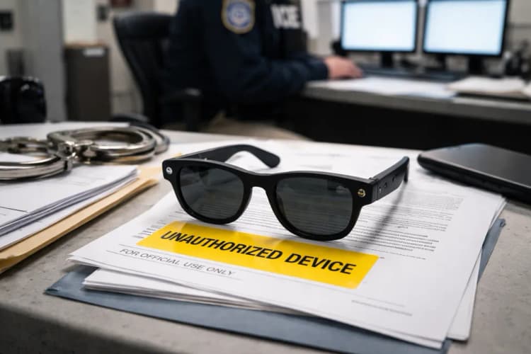 Ilustrasi kacamata Ray-Ban Meta di atas meja kantor ICE dengan stiker 'UNAUTHORIZED DEVICE' dan dokumen memo bertanda 'FOR OFFICIAL USE ONLY'