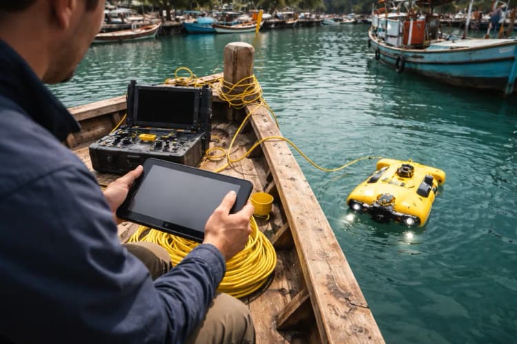 Ilustrasi robot bawah air DuboScan sedang dioperasikan dari dek kapal nelayan kayu di pelabuhan kecil, dengan operator menggenggam tablet Android dan kabel koneksi terlihat jelas