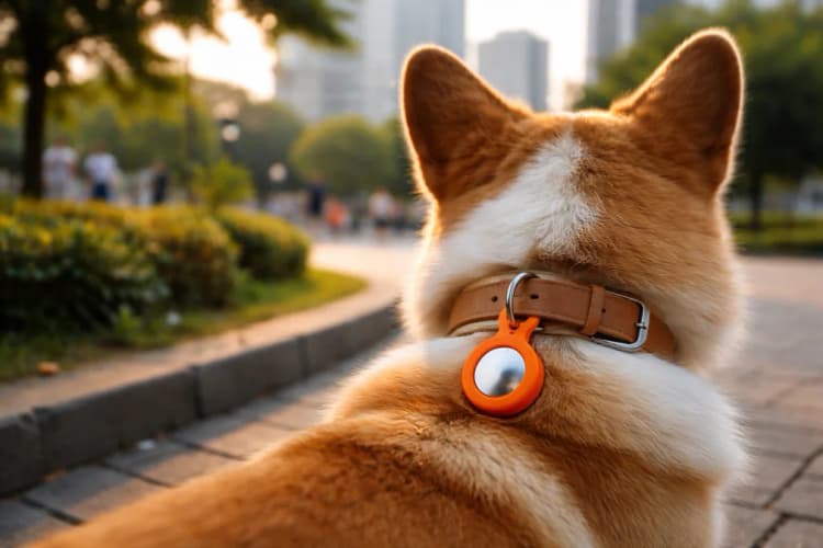 Ilustrasi close-up kalung anjing corgi dengan AirTag berwarna oranye terpasang di holder silikon, latar belakang sudut taman kota Jakarta saat sore hari