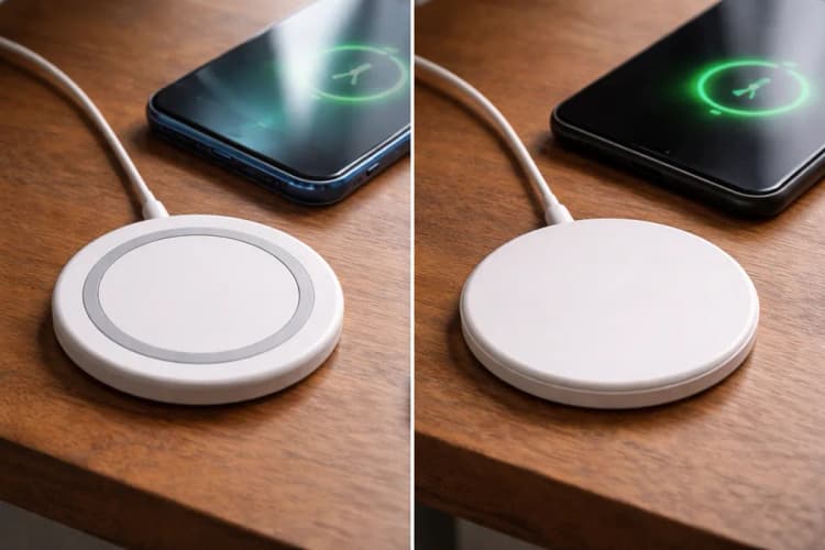 Ilustrasi perbandingan dua charger nirkabel: satu dengan cincin magnetik terlihat jelas di permukaan, satunya tanpa pola magnet, diletakkan berdampingan di atas meja kayu dengan ponsel berbeda