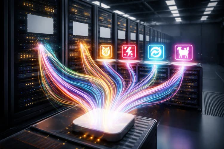 Ilustrasi server rack dengan alur data berwarna-warni mengalir ke berbagai logo model AI (Claude, Groq, Mistral, Llama) dan berakhir di ikon logo Stripe
