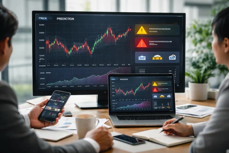 Ilustrasi dashboard keuangan real-time dengan grafik kurs USD/IDR, notifikasi risiko berwarna kuning-merah, dan ikon integrasi SAP dan Bank Mandiri