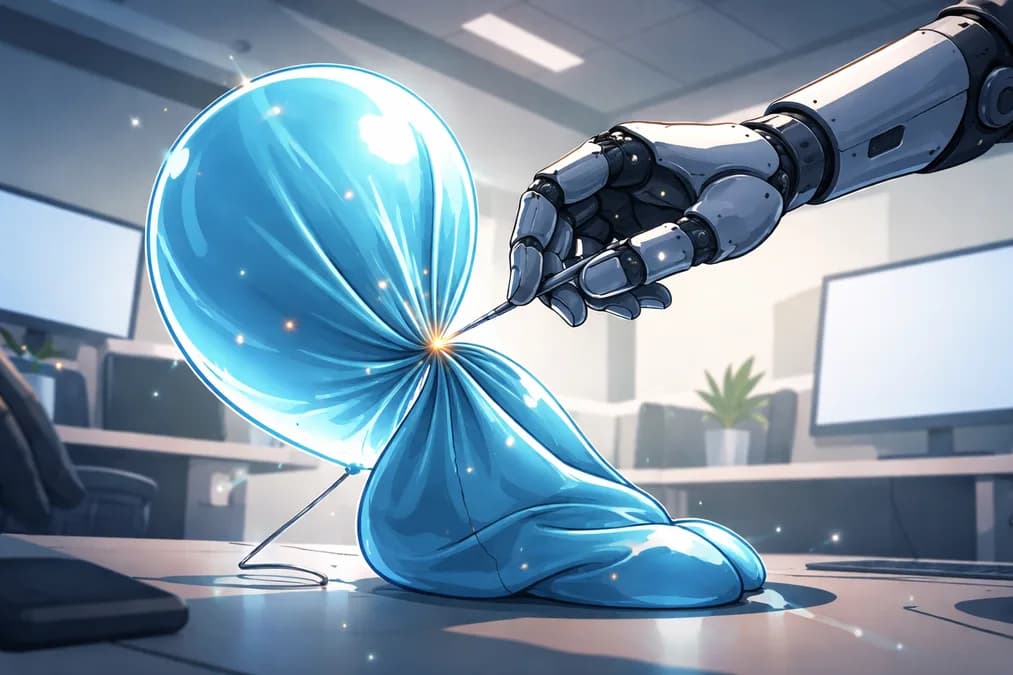 Robot hand popping AI balloon: AI Startup Bisa Bangkrut Sebelum Pasar Matang