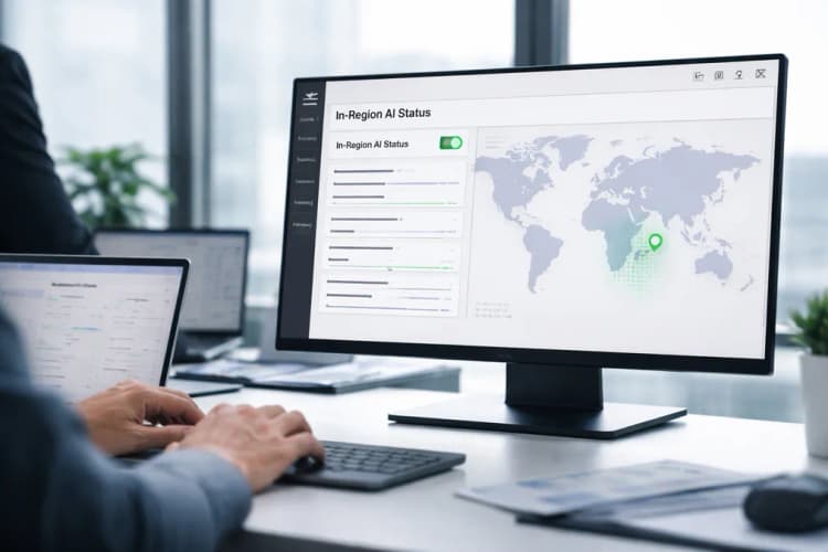 Ilustrasi dashboard GitLab dengan panel 'In-Region AI Status' aktif dan peta lokasi data center Singapura ditandai hijau