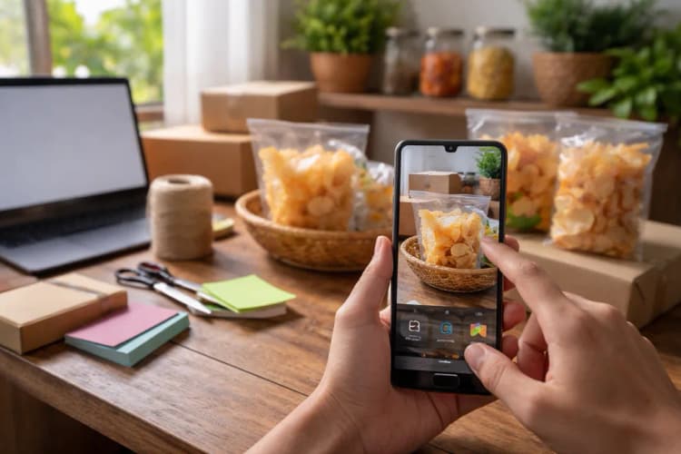 Ilustrasi meja kerja UMKM di Yogyakarta dengan ponsel Pixel 11 terbuka di layar Magic Editor, foto produk keripik singkong sedang diedit secara real-time