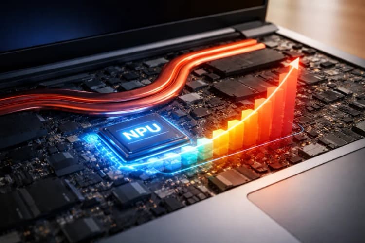 Ilustrasi close-up motherboard laptop modern dengan penanda NPU dan heatpipe berwarna merah, serta grafik suhu naik bertahap saat fitur AI aktif