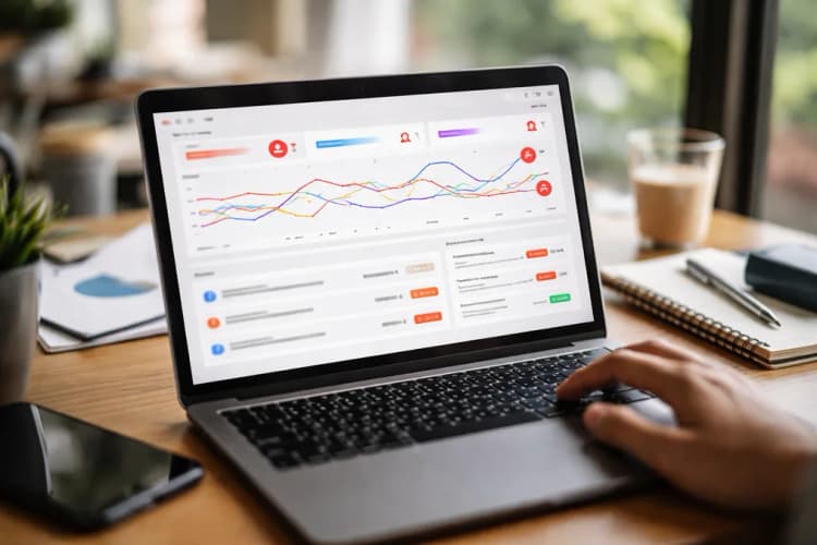 Ilustrasi dashboard BA3.studio menampilkan grafik perbandingan harga real-time antara tiga toko di Shopee, TikTok Shop, dan Lazada, dengan notifikasi berwarna merah saat terjadi perubahan signifikan
