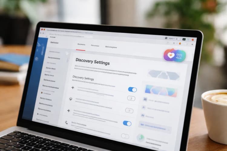 Ilustrasi antarmuka Patreon versi desktop dengan highlight pada kolom 'Discovery Settings' dan ikon 'Community Engagement Score' di sudut kanan atas