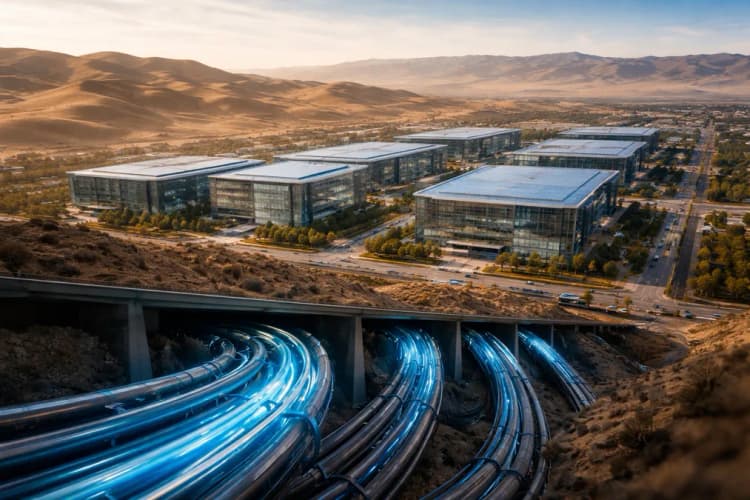 Ilustrasi kota Hohhot dengan latar belakang gurun pasir dan deretan bangunan data center modern beratap reflektif, kabel fiber optik menjalar di bawah tanah