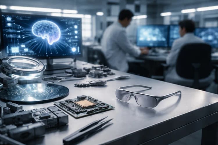 Ilustrasi laboratorium Apple di Cupertino dengan prototipe kacamata tipis, chip silikon mikro, dan diagram alur data AI real-time
