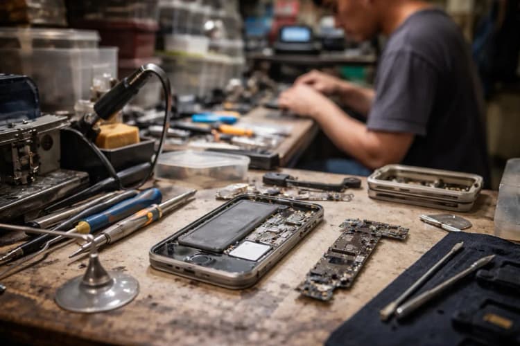 Ilustrasi meja kerja teknisi reparasi di toko kecil di Pasar Baru Jakarta, dengan iPhone 4 terbuka dan komponen PCB terlihat jelas