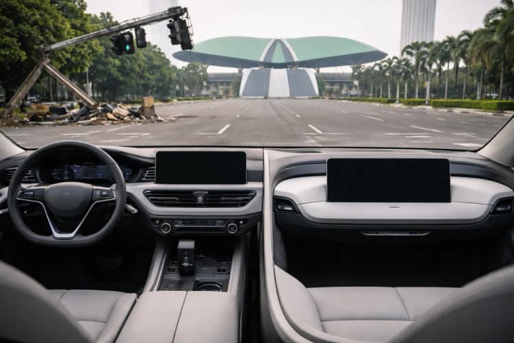 Ilustrasi perbandingan dua mobil — satu dengan setir dan panel kontrol lengkap, satu lagi tanpa setir sama sekali, berdiri di depan gedung DPR RI dengan latar belakang rambu lalu lintas rusak