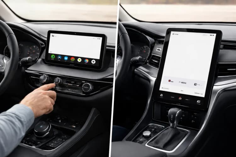 Ilustrasi perbandingan dua dashboard mobil — satu menampilkan antarmuka Android Auto dengan ikon ponsel di sudut kiri atas, satunya menampilkan layar Android Automotive dengan status baterai EV dan kontrol klimatologi terintegrasi