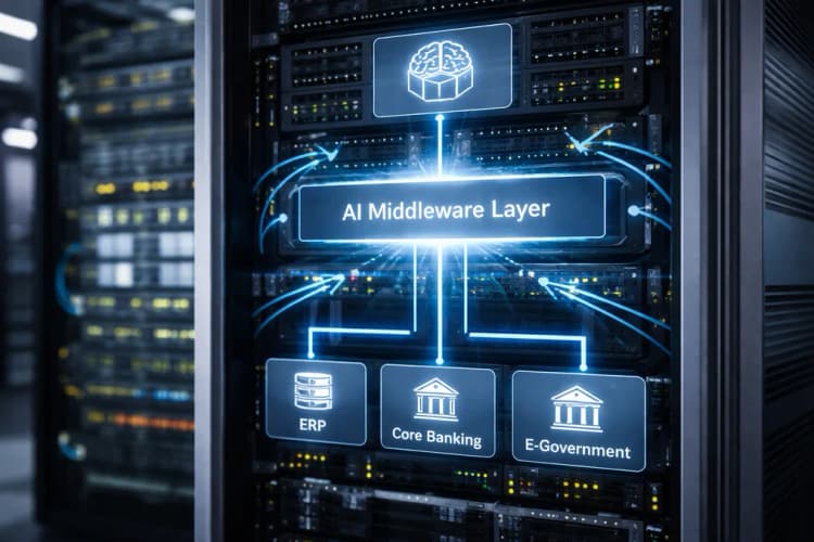 Ilustrasi server rack dengan label 'AI Middleware Layer' di tengah, menghubungkan ikon model LLM di atas dan ikon sistem legacy (ERP, core banking, e-government) di bawahnya