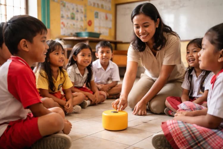 Ilustrasi ruang kelas SD di Flores dengan anak-anak duduk melingkar menghadap speaker kecil berwarna cerah, guru sedang menekan tombol play, ekspresi anak-anak fokus dan tersenyum