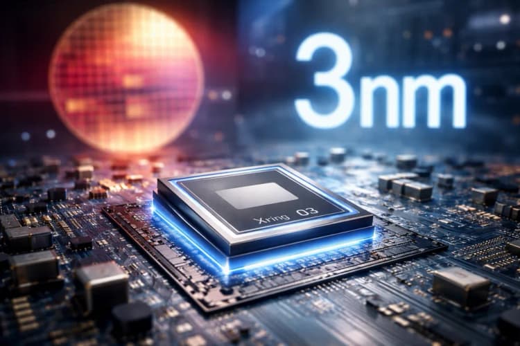 Ilustrasi chip Xring O3 di atas papan sirkuit cetak dengan latar belakang logo TSMC dan simbol nanometer 3nm