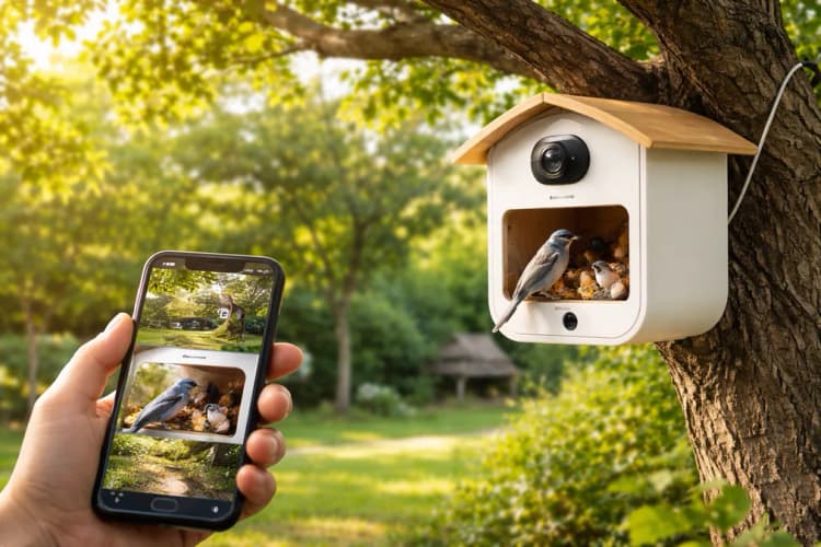 Ilustrasi instalasi Birdfy Nest Duo di cabang pohon rindang dengan kabel daya tersembunyi dan layar smartphone menampilkan antarmuka aplikasi real-time