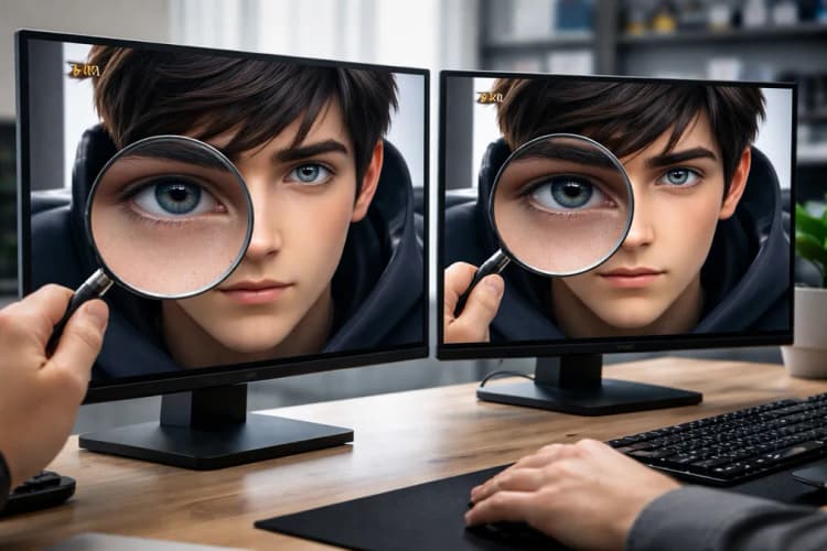 Ilustrasi perbandingan samping-ke-samping antara frame asli 720p dan hasil upscaling AI ke 4K, dengan zoom pada area mata karakter untuk menunjukkan perbedaan tekstur kulit dan rambut