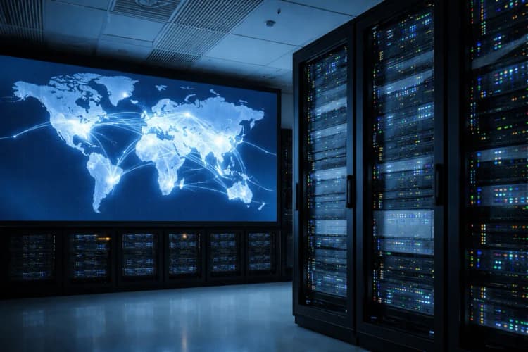 Ilustrasi server Stripe di data center Singapura dengan peta dunia bercahaya menunjukkan aliran pembayaran ke 195 negara