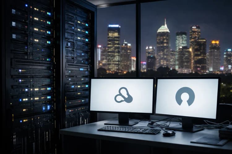 Ilustrasi server rack dengan logo Stability AI dan ikon open-source di layar monitor, latar belakang kota Jakarta malam hari